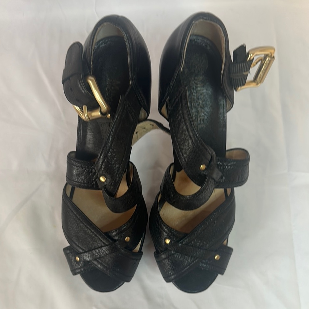 MICHAEL Michael Kors Black Leather Sandals with Gold Buckle